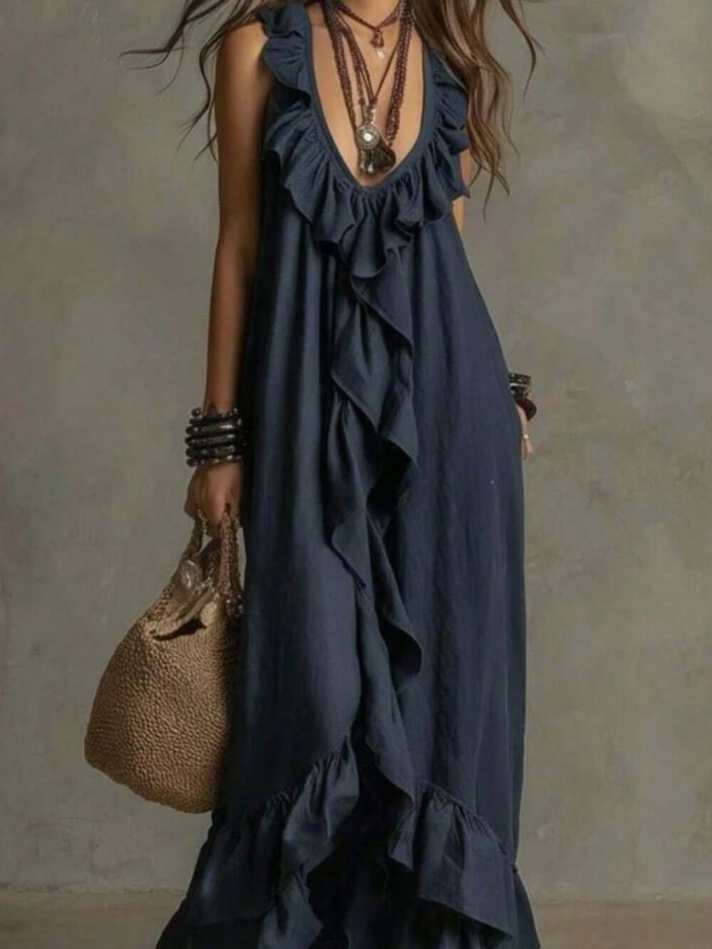 Navy Blue Bohemian Casual Women's Dress - Picture 4 of 4